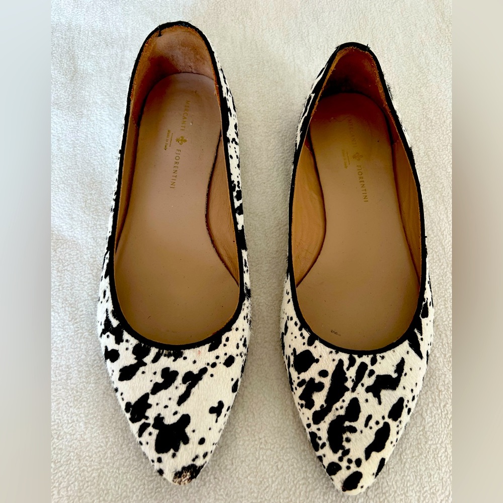 Mercanti Fiorentini Black and White Cowhair Pointed Toe Flats